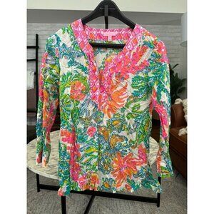 Lilly Pulitzer Linen Amelia Island Multicolor Long Sleeve Tunic Top Women Size M